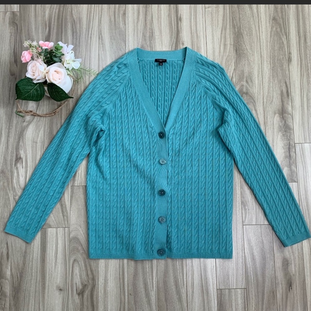 Talbots Light Teal Cable Knit V-Neck Cardigan